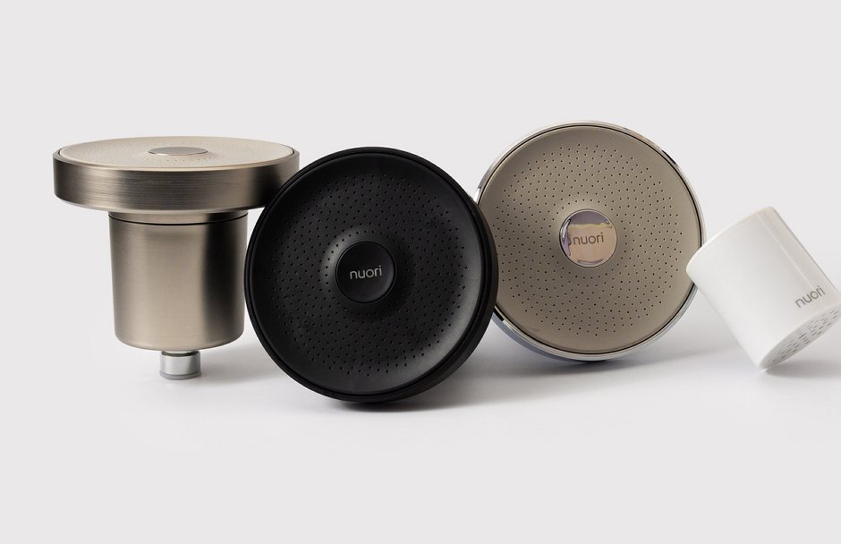 Nuori showerheads in nickel, black and chrome with a replacement filter