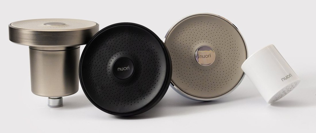 Nuori showerheads in nickel, black and chrome with a replacement filter