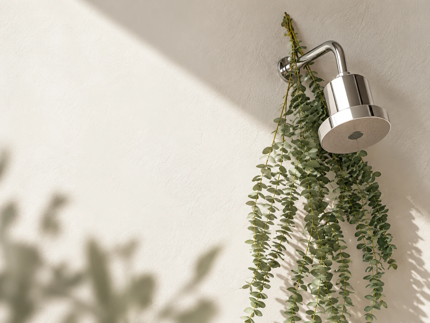 Chrome Nuori showerhead beside cascading green foliage against a sunlit plaster wall