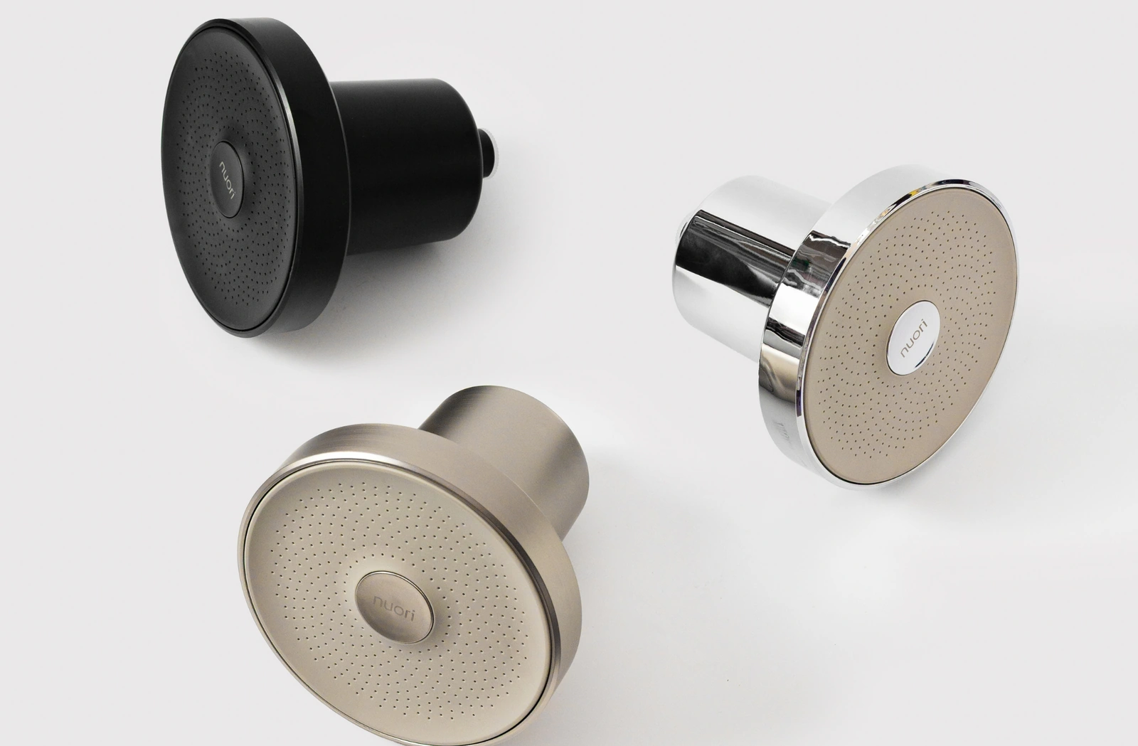 Nuori showerheads in matte black, nickel and chrome